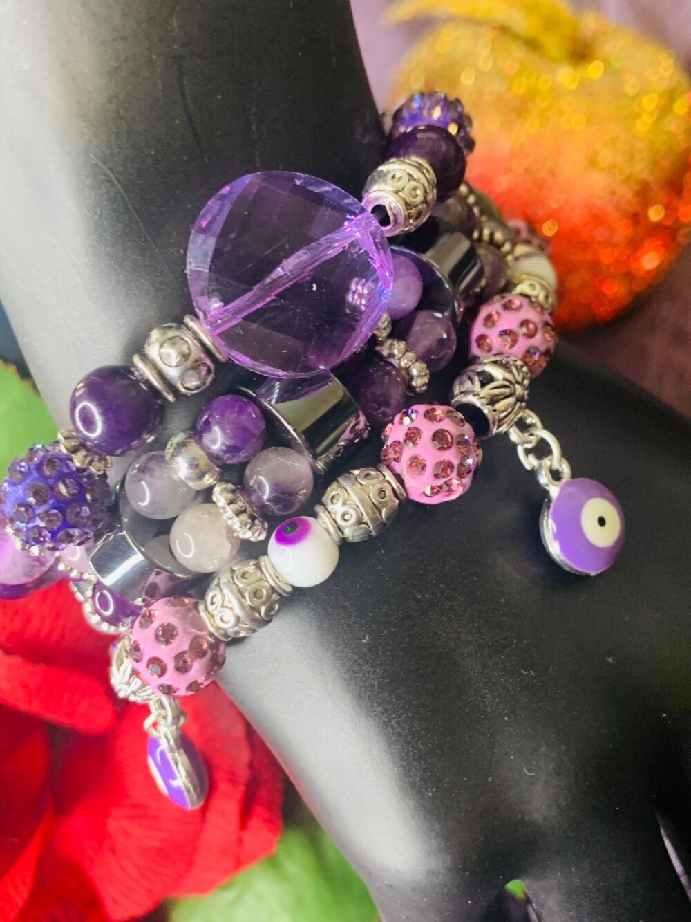 Evil Eye Charm, Amethyst, Fluorite, Hematite, Rhinestone & Pewter Bracelet Set